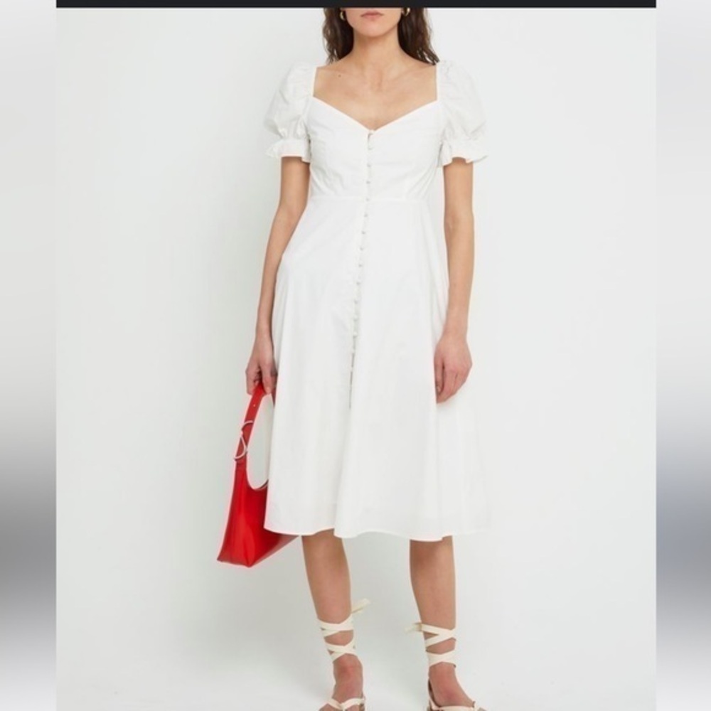 NWT O.P.T puff sleeve Smocked Midi  Dress button front cotton size